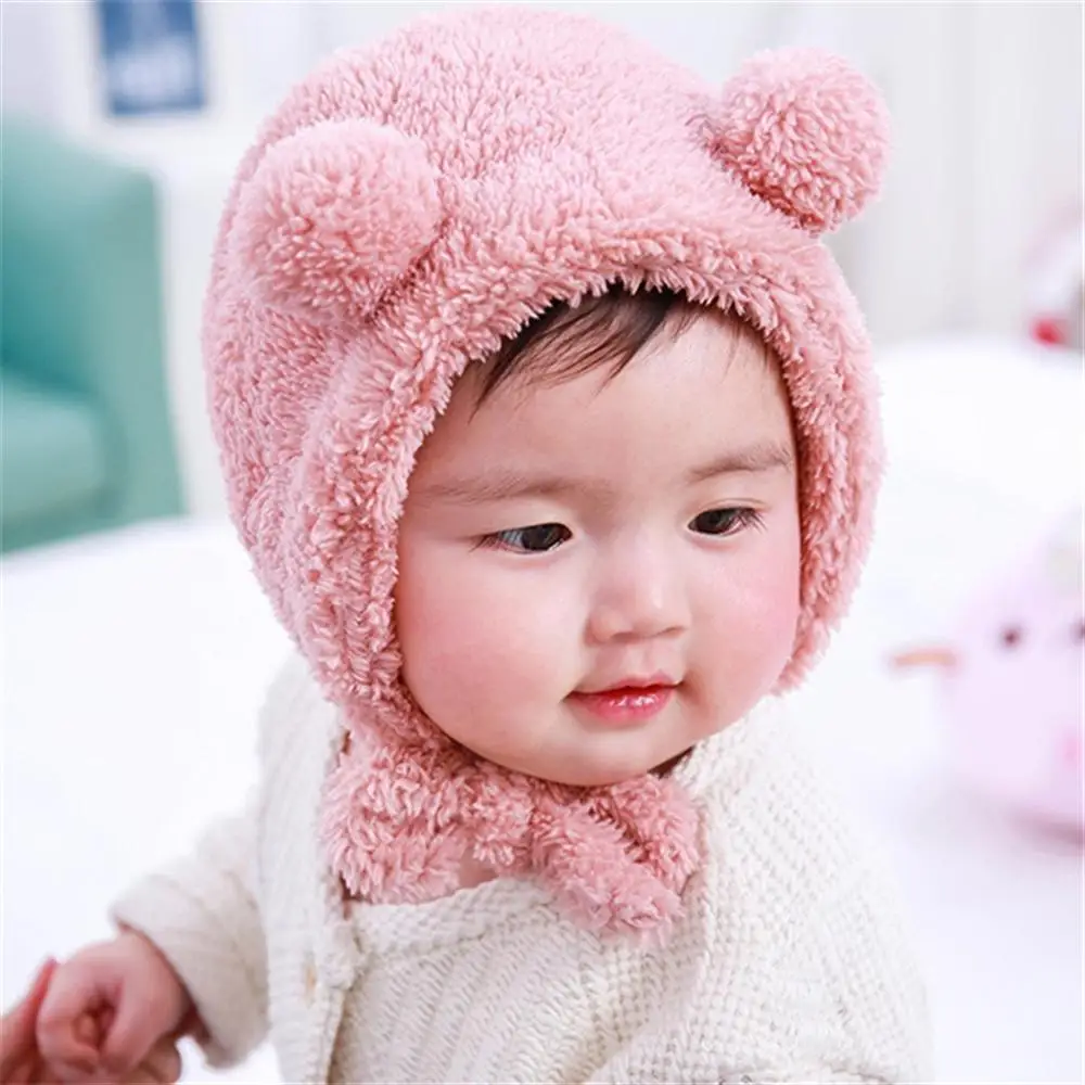 2018 Boys and Girls Autumn Winter Hat Baby Earmuffs Bear Head Cap Children's Double Ball Plush |