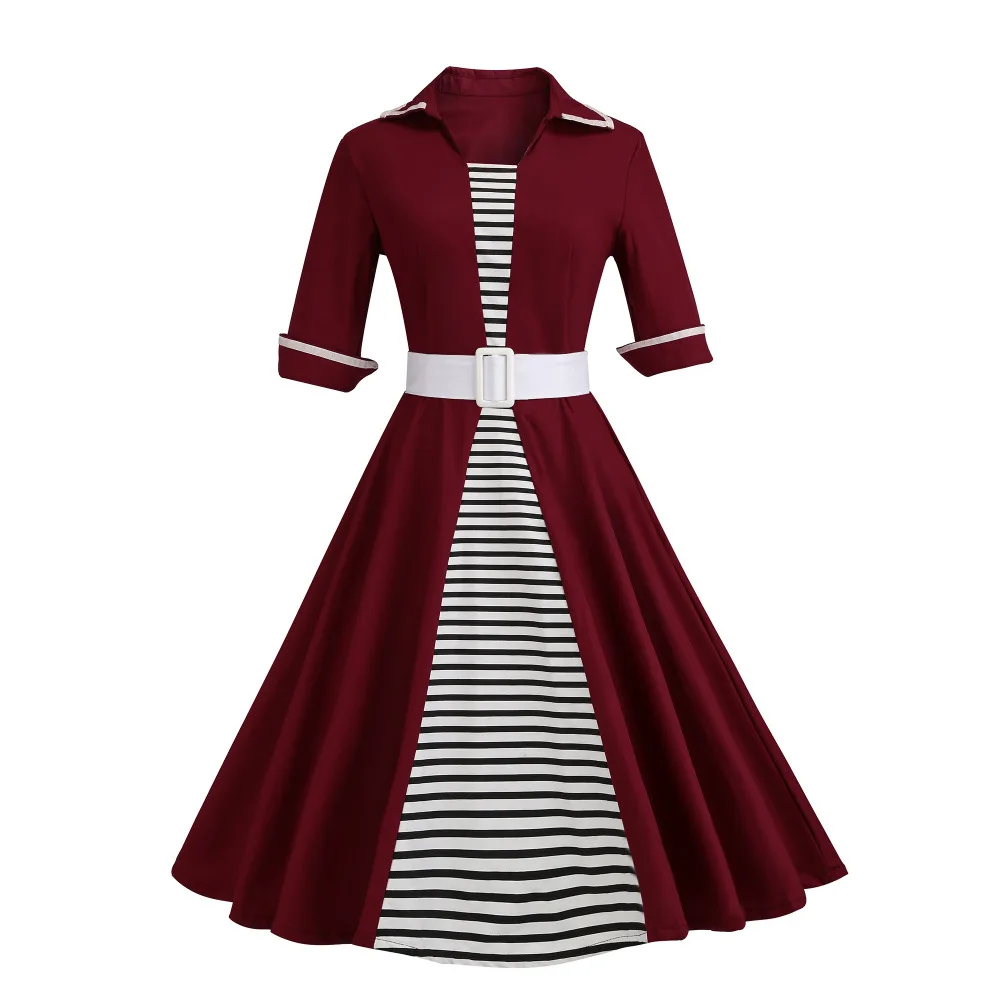 

Autumn new 4XL Plus Size 3XL Stripe Half Sleeves Lapel Vintage Dress Retro Dresses Pattern Work Party Vestidos