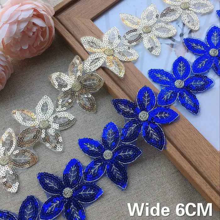 

6CM Wide Glitter Organza Lace Fabric Sequins Beaded Flowers Embroidered Ribbon Collar Trim Applique For Wedding Dress DIY Sewing