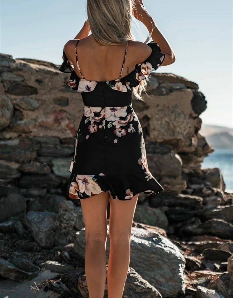 Женское шифоновое мини-платье Boho летнее пляжное с цветочным принтом и открытыми