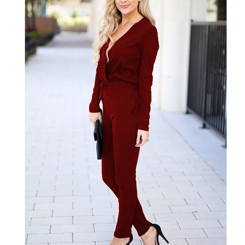 Популярный осенний Женский трикотажный комбинезон с v образным вырезом и длинным