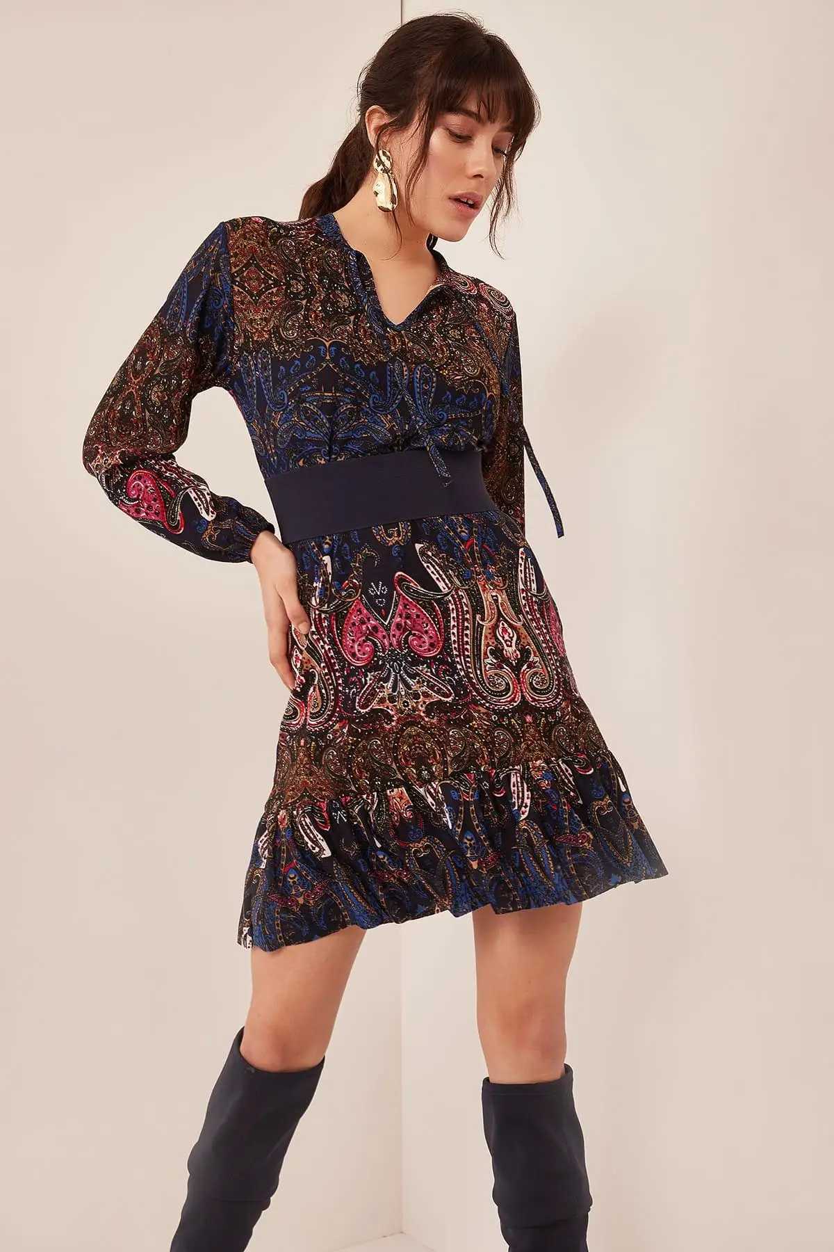 Женская темно-синяя боковая юбка с ластовицей v-образный вырез платье ELB-19000036 |