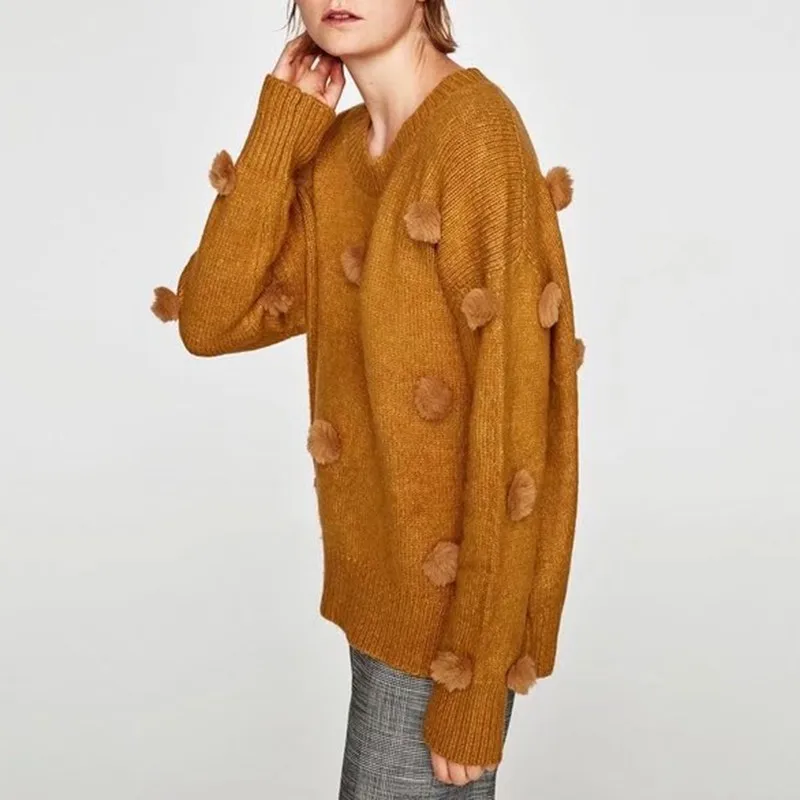 TWOTWINSTYLE Knitted Patchwork Ball Sweater For Women O Neck Long Sleeve Oversized Sweaters Female Autumn Fashion New Tide | Женская