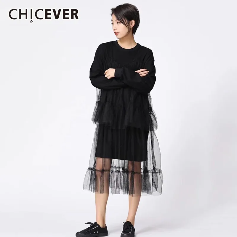 CHICEVER 2020 весеннее лоскутное Сетчатое платье для женщин с круглым вырезом и