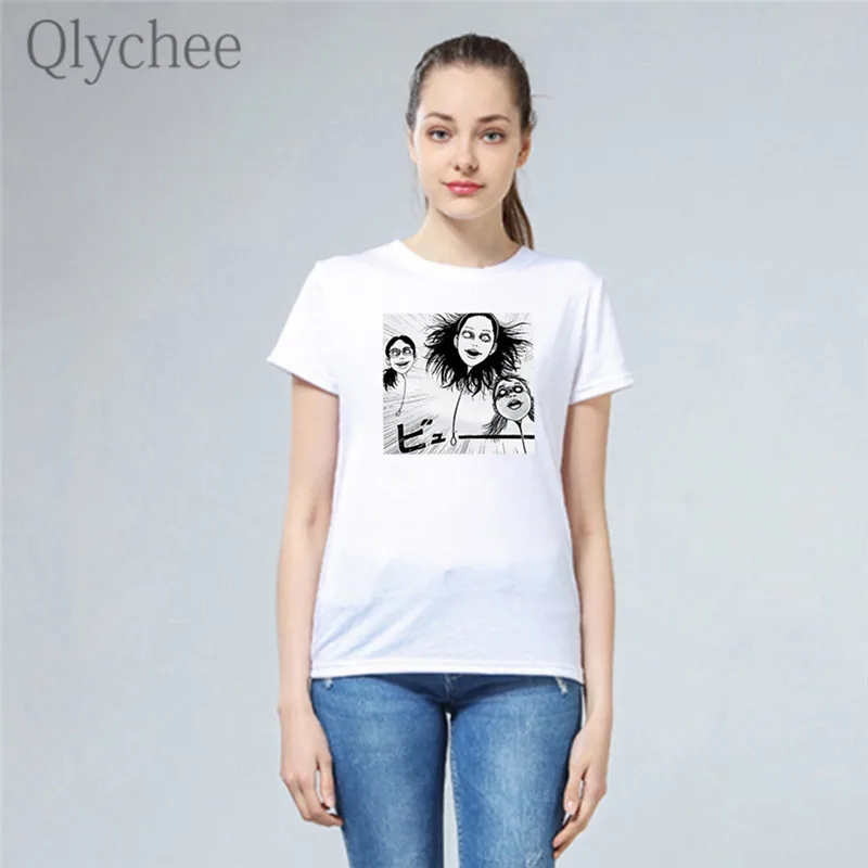 Женская белая футболка Qlychee Harajuku Dark с принтом головы аниме вырезом лодочкой и