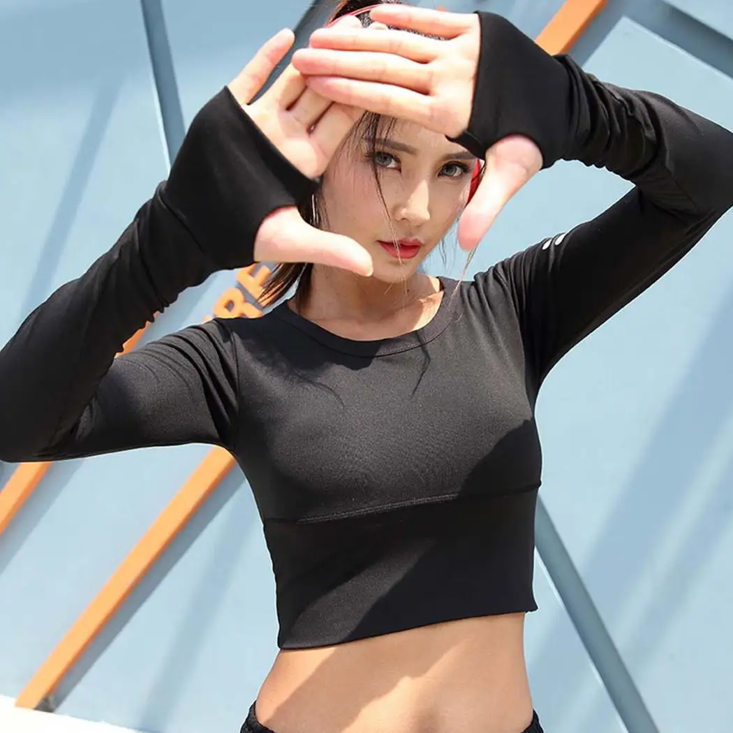 Women Casual Round Neck Long Sleeve Reflective All Seasons Causal Crop Top Solid Slim Black Shirt | Женская одежда
