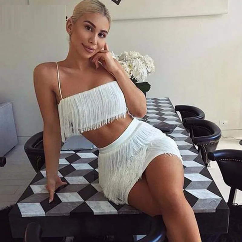 Женский комплект из двух предметов с кисточками DRESSMECB синий короткий топ и юбка