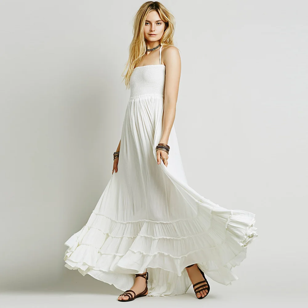 Behemian пляжное Длинное Платье женское с оборками подол без спинки рукавов