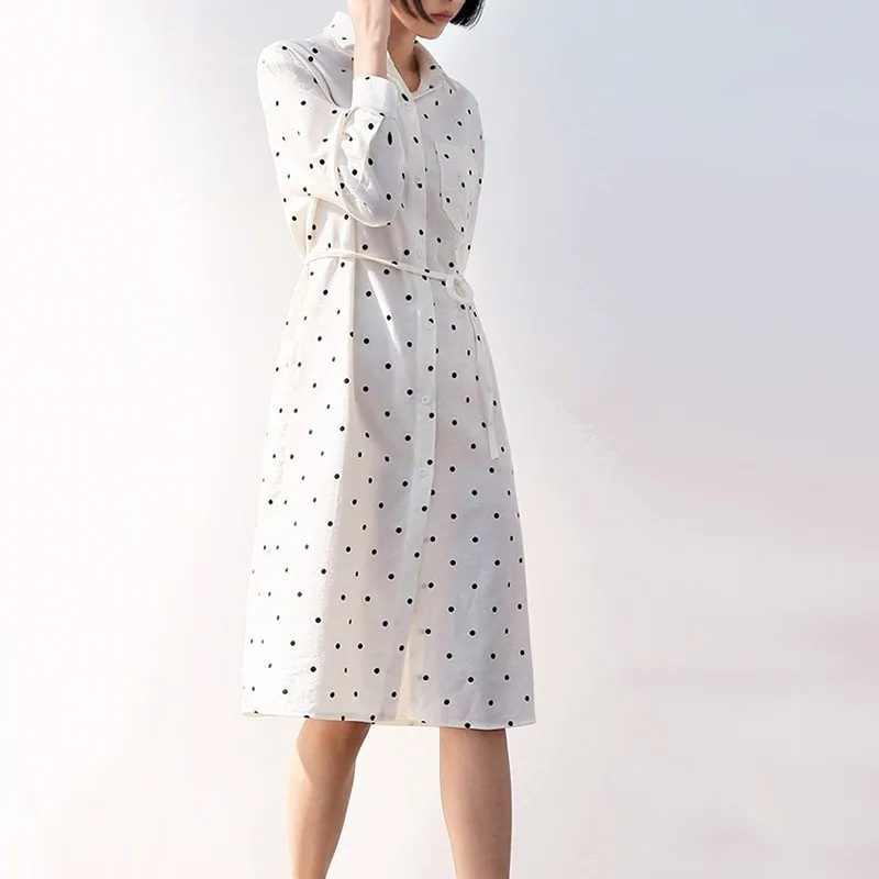 VGH Spring Vintage Corduroy Polka Dot Women Shirt Lapel Long Sleeve Lace Up Sashes Split Hem Loose Slim Female Top Blouse New |