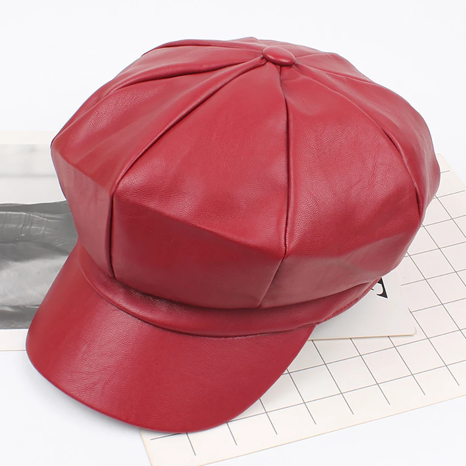 Fashion Bright PU Leather Newsboy Cap Mrs. Messer Painter Octagonal Detective Hat Visors Female Gorras Harajuku Wholesale |