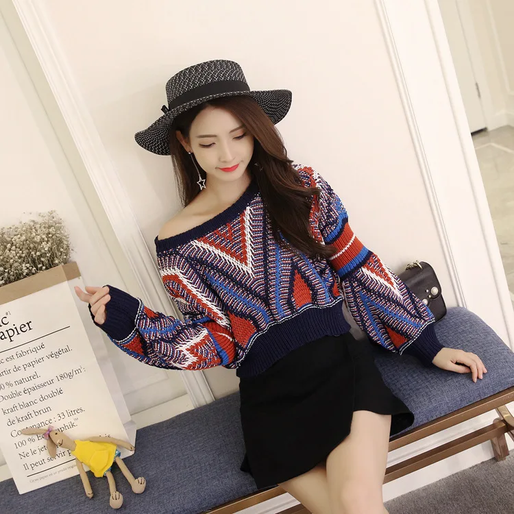 Vefadisa Mixed Color Geometric Pattern Sweater Women Short O-Neck Pullover Lantern Sleeve Jumper Tops ZLD438 | Женская одежда