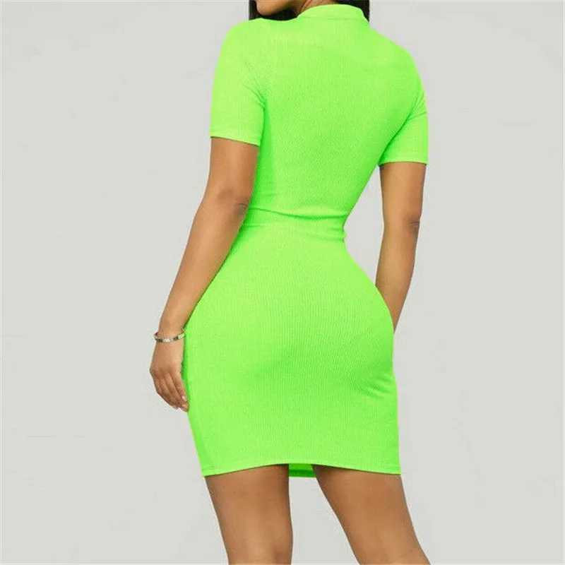 Женская футболка короткое платье 2019 летняя флуоресцентная зеленая водолазка с