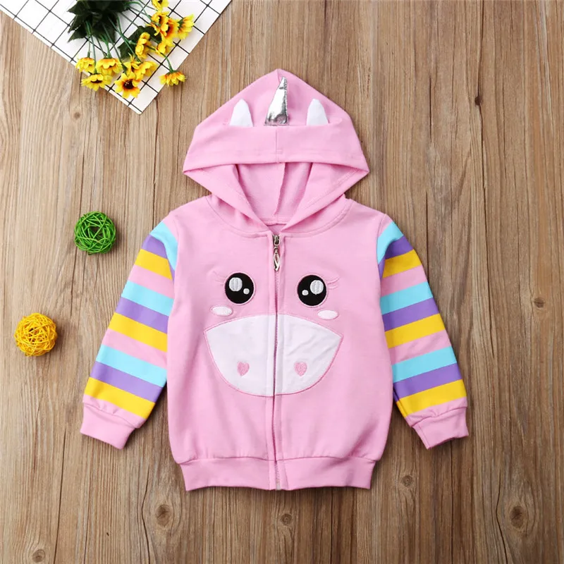Милые детские весенние розовые топы с капюшоном и единорогом для маленьких