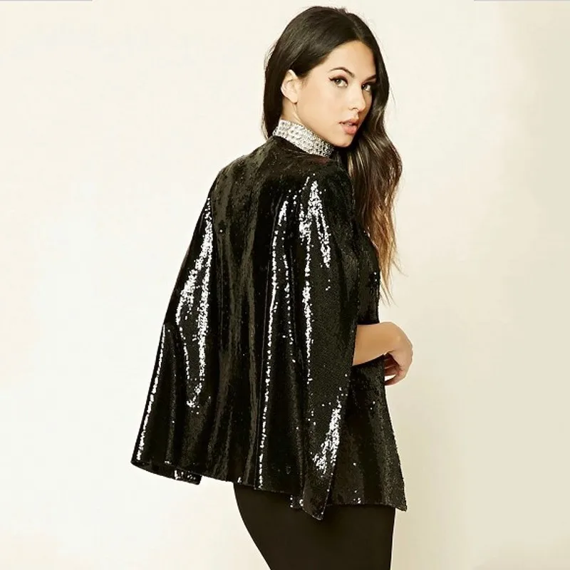 Women Black Sequins Cloak Cape Blazer 2022 Spring Autumn Lapel Split Long Sleeve Feminino Blazer Coat Female Suit Jacket Outwear