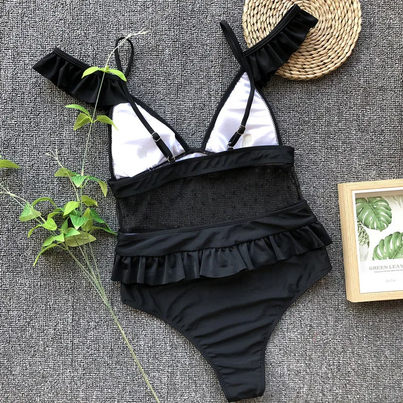 Solid Deep V Bikinis Ruffles One Piece Swimwear Women New Sexy 2019 Backless Set Hellow Swimsuit Monokini Biquini | Спорт и