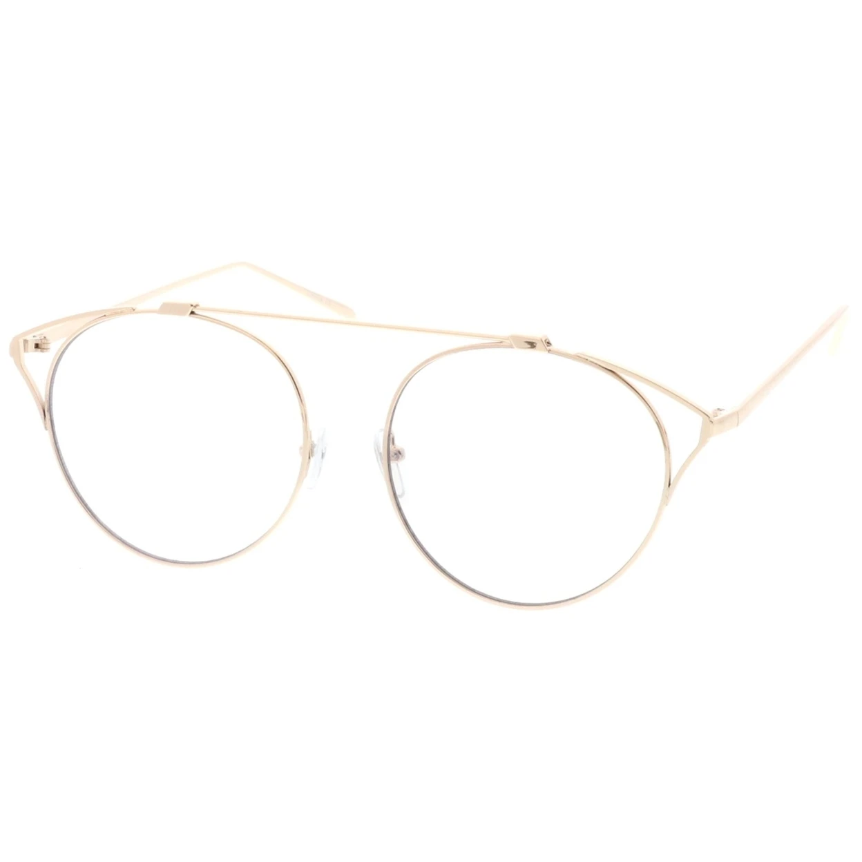 Oversize Open Metal Cat Eye Glasses With Crossbar And Round Clear Flat Lens 55mm |