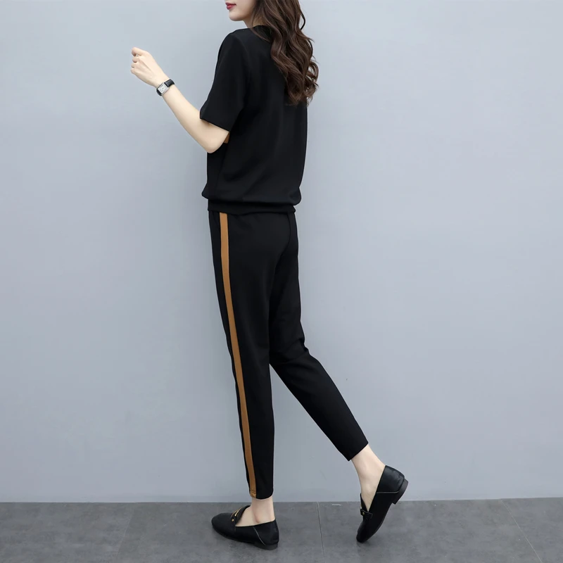 

summer women round collar sweatshirt & pants casual suit two piece clothing set plus size L -4XL pocket loose suit T shirt top