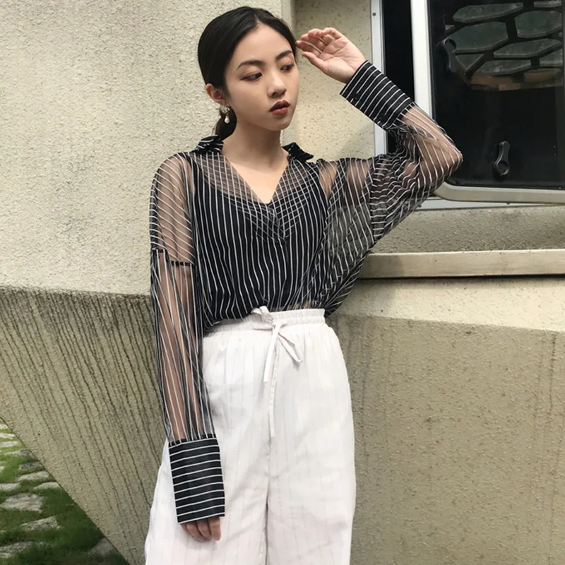 

Официальный Стиль 2020 модная женская одежда однотонная Лоскутная полосатая с V-образным вырезом и отложным воротником шифон с длинным рукав...