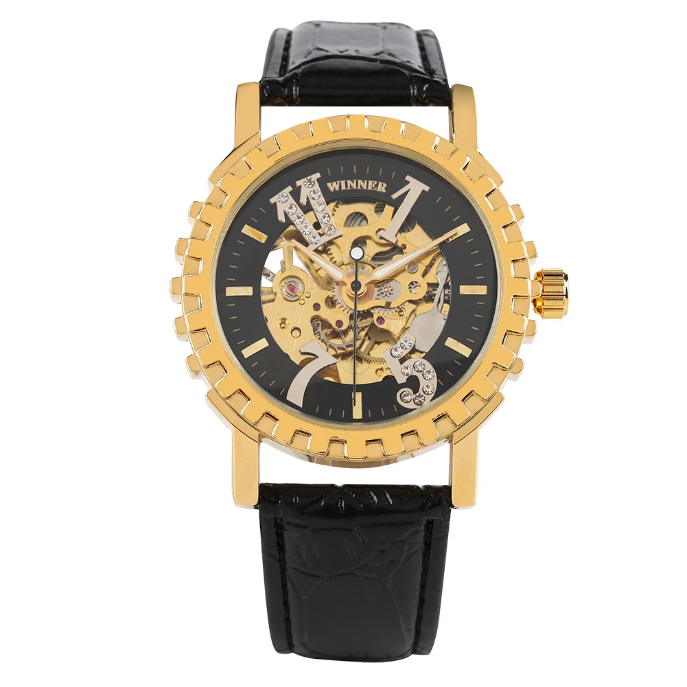 Мужские часы-скелетоны прозрачные Золотые механические наручные часы