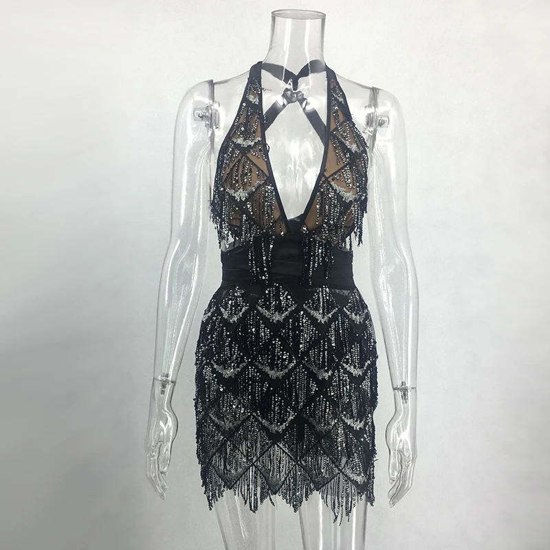Colysmo Shiny Tassel Sequin Dress Women Sexy Deep V-neck Cross Lace Up Backless Short Exquisite Christmas Party Dresses | Женская одежда