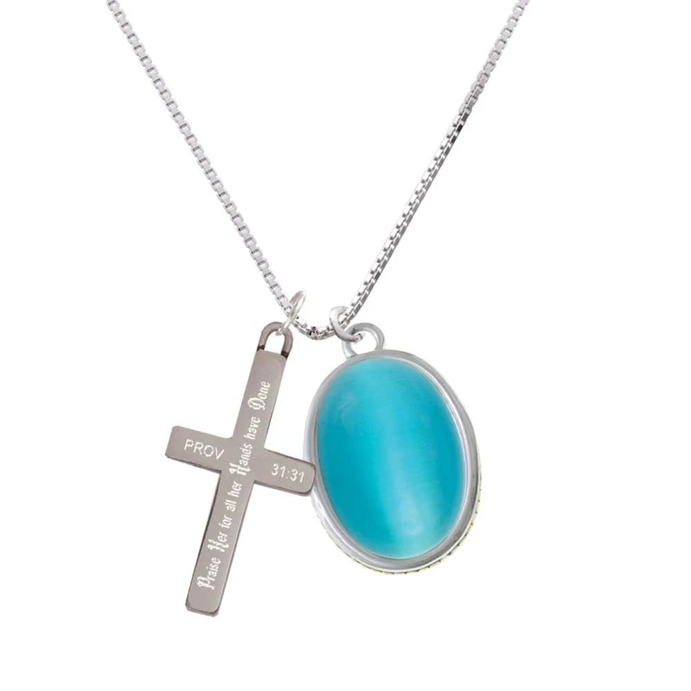 Oval - Imitation Cat's Eye Dark Teal Praise Her Cross Necklace | Украшения и аксессуары