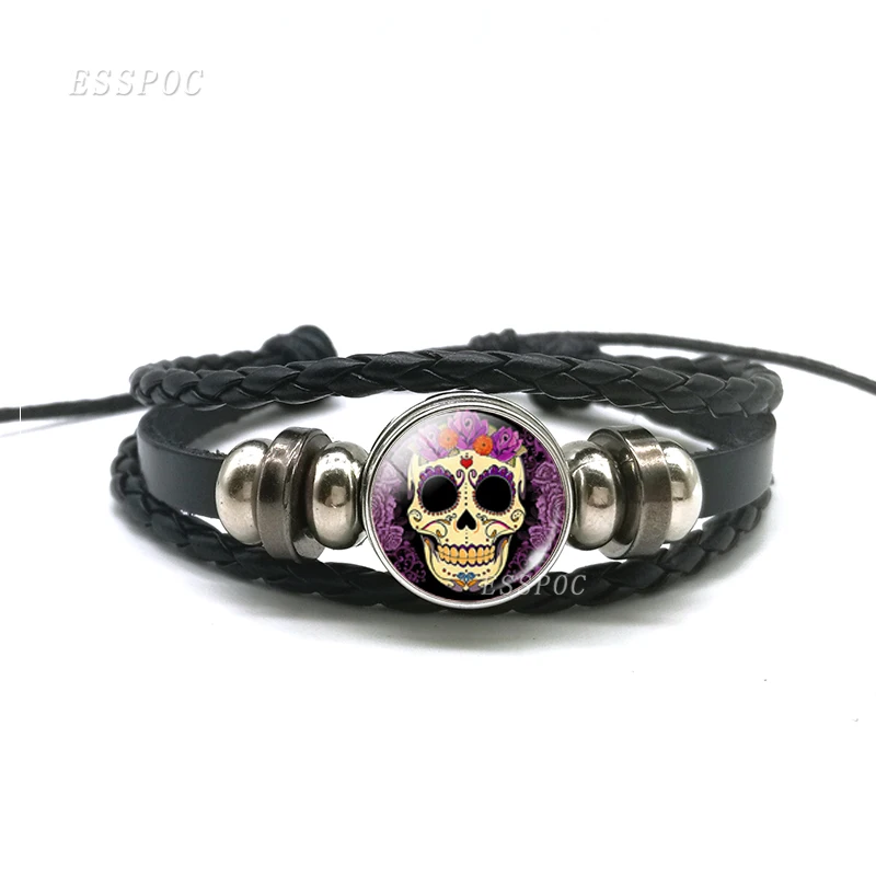 Браслет из черной кожи с сахарным черепом мексиканское народное искусство