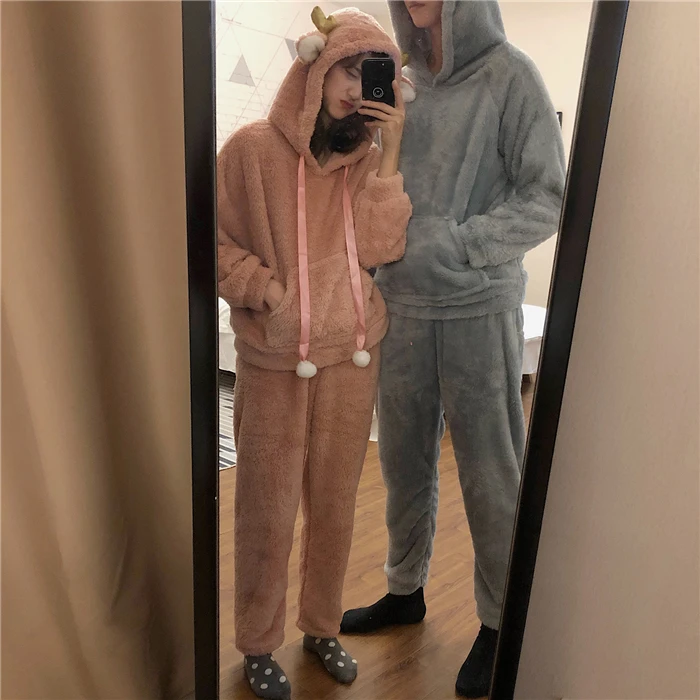 Женский пижамный комплект женские пижамы из толстой фланели с капюшоном милые