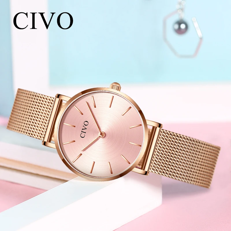CIVO Elegant Ultra Thin Ladies Watches Women Waterproof Rose Gold Simple Steel Mesh Quartz Bracelet Watch Clock Relogio Feminino | Наручные