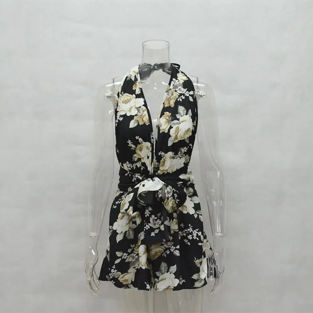 Повседневный летний комбинезон с открытой спиной женский 2018 цветочный принт