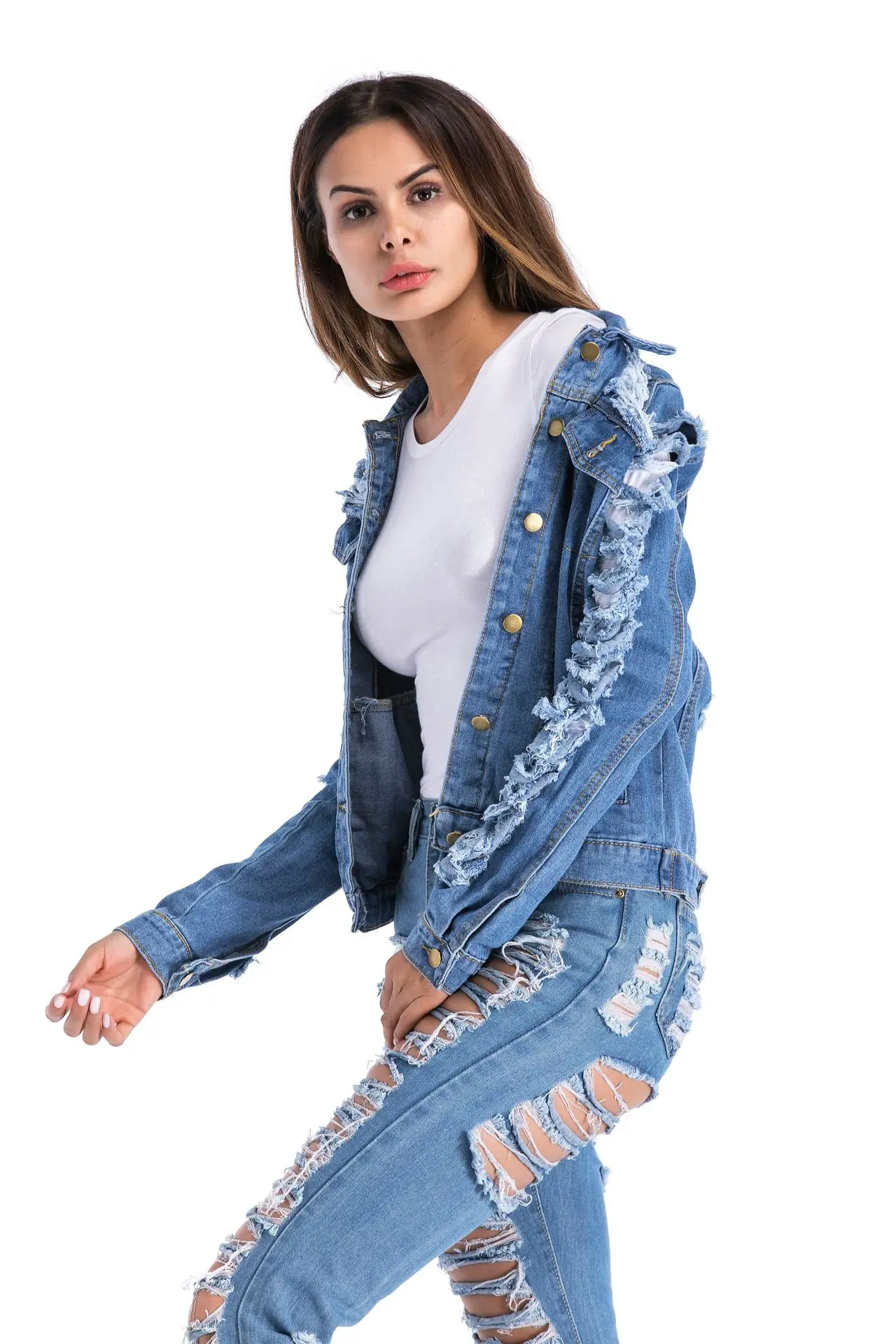 Godier Veste En Jean Femme Manche Longue Женская винтажная рваная джинсовая куртка с длинным