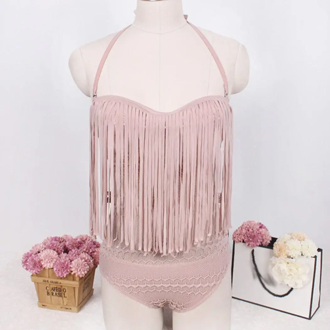 Women Sexy Solid Tassel Halter One Piece Nude Swimsuit Swimwear Neck Sleeveless Beachwear Lace Up Short | Спорт и развлечения