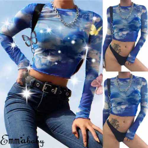 Fashion Sexy Women Ladies See-through Sheer Mesh Long Sleeve T Shirt Summer Casual Slim Print Fishnet Perspective Crop Top Blue | Женская