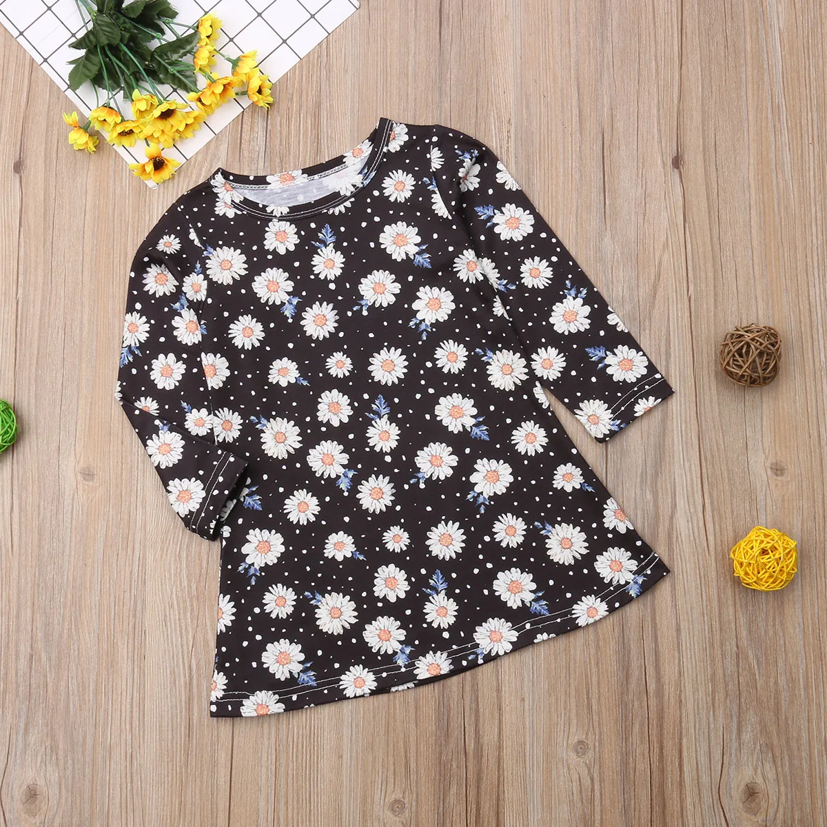 Fashion Toddler Kids Baby Girls Long Sleeves Cotton Black Flower Daisy Tutu Party Dresses Outfit Autumn Cute | Детская одежда и