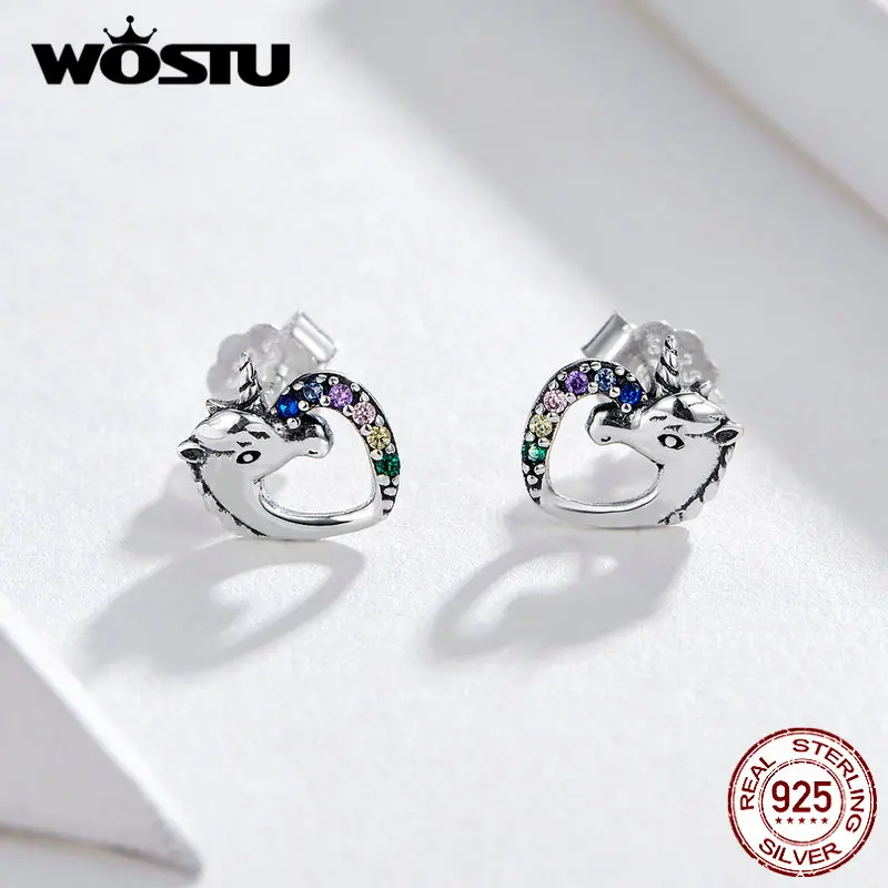 WOSTU Единорог серьги гвоздики для женщин Горячая Мода 100% реальные 925 стерлингового