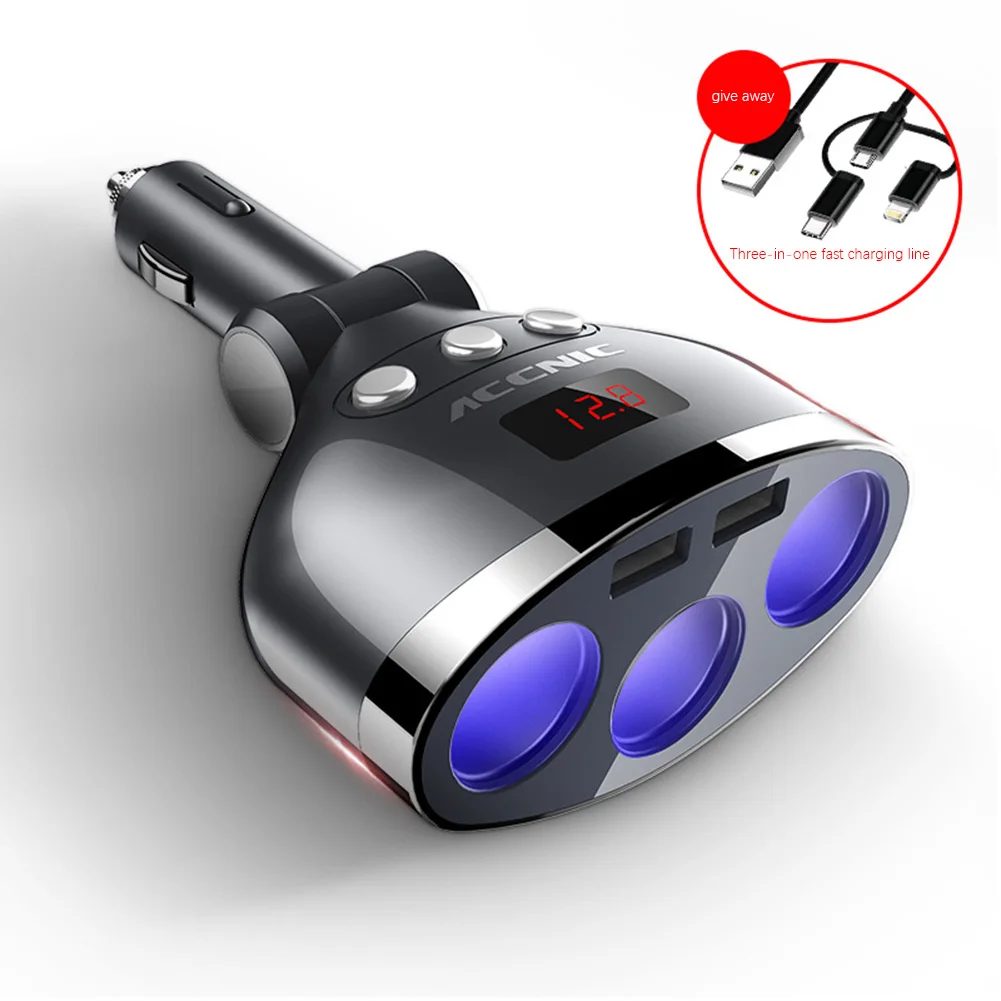 

Universal Car Charger 3 Socket Cigarette Lighter Adapter Dual USB Port Mobile Phone Charger with LED Display Free Ship