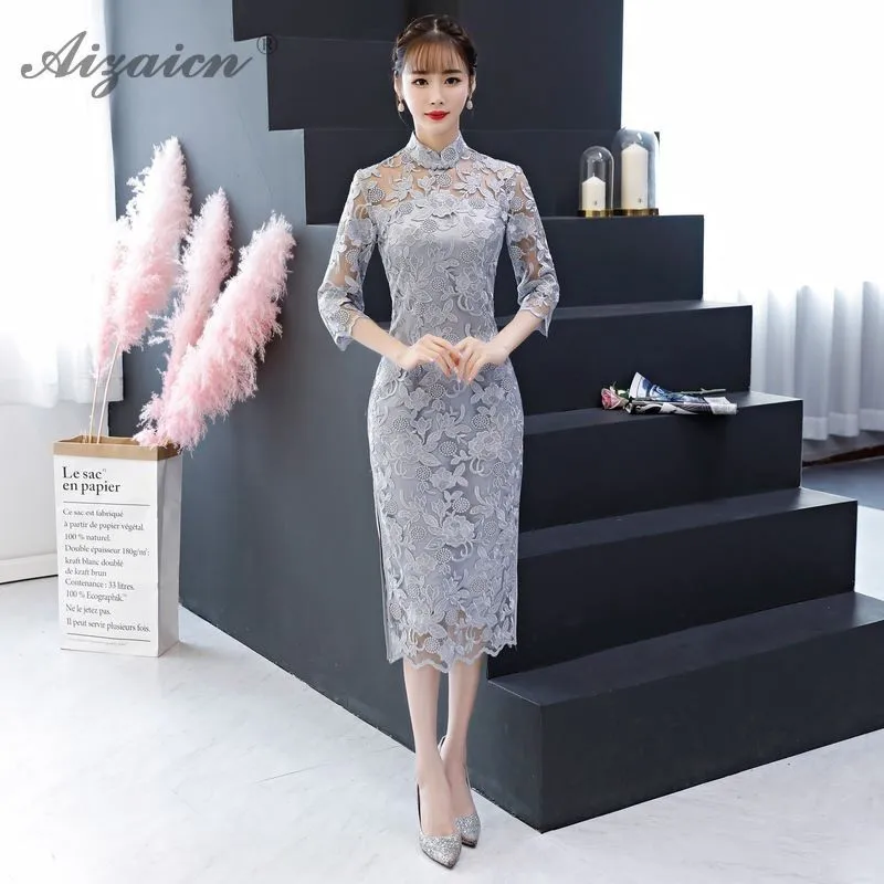 Летнее Новое Кружевное платье Cheongsam с вышивкой современное сексуальное Qi Pao