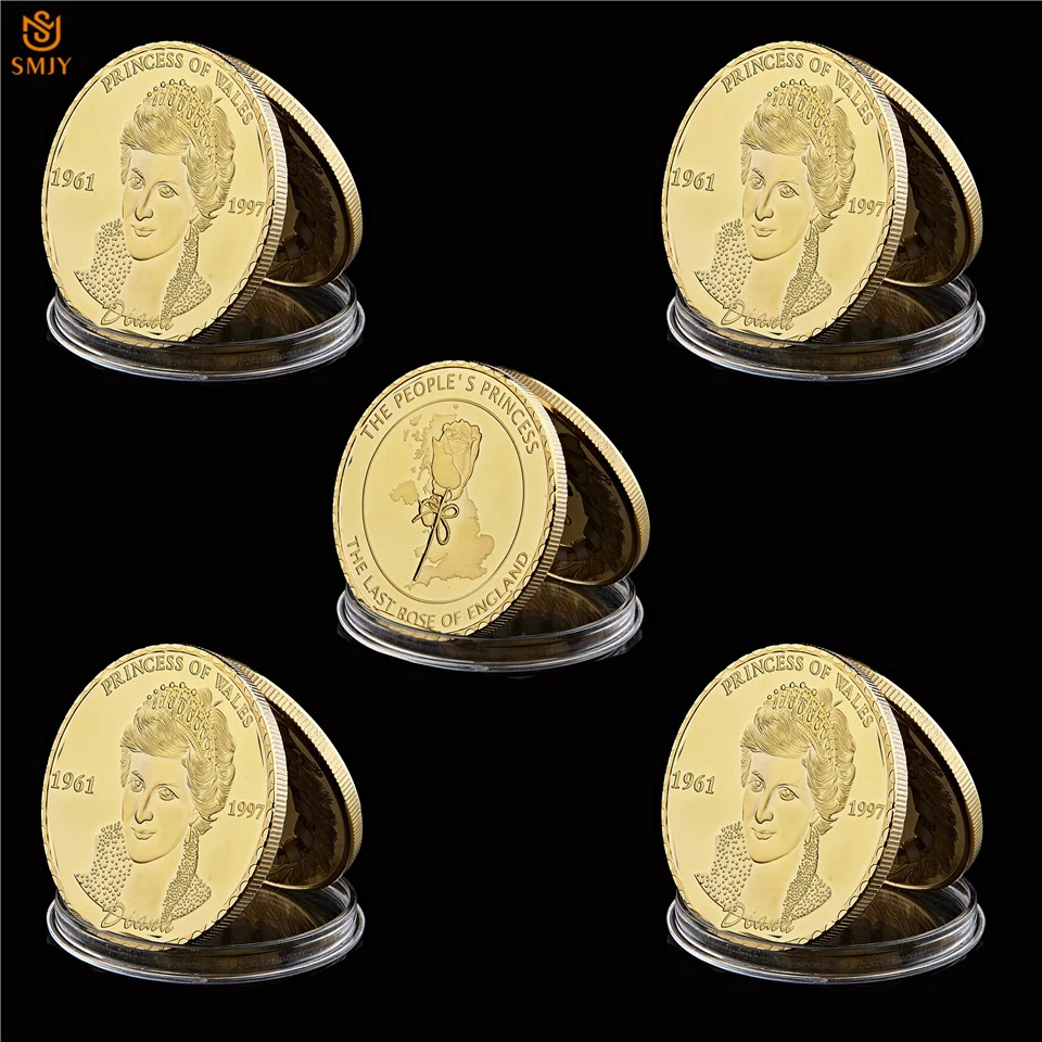 

5Pcs British Princess Diana Souvenirs Coin England Last Rose Queen Collectible Coins Uk World Celebrity Commemorative Badge Gift