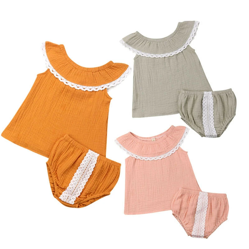 

2019 Summer 2Pcs Newborn Baby Girls Lace Ruffle Tops Dress Shorts Briefs Outfits Solid Clothes Set