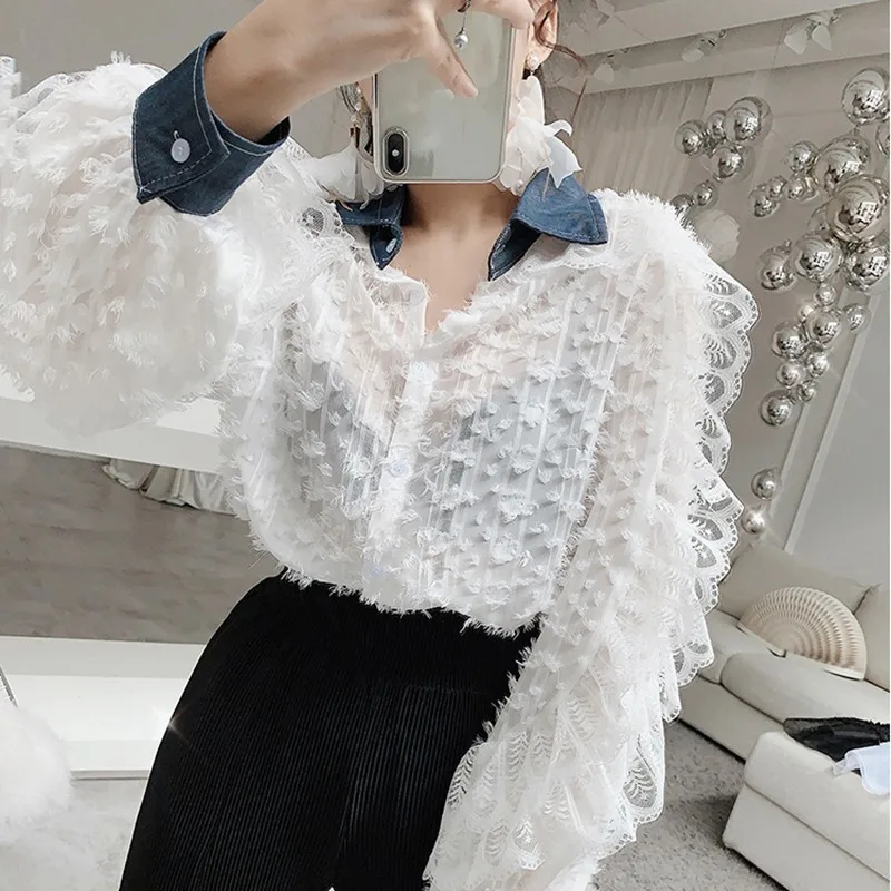 TWOTWINSTYLE лоскутный воротник из джинсовой ткани верхняя одежда женская кружевная