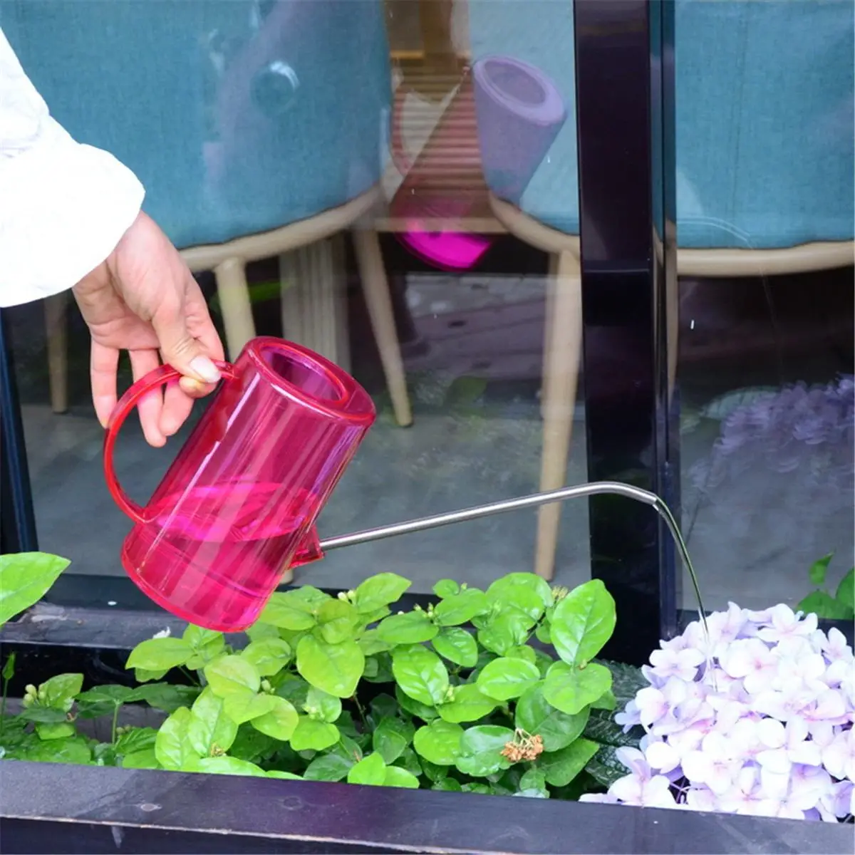 Поливочная банка из нержавеющей стали 1 л прозрачная садовая с длинным горлышком