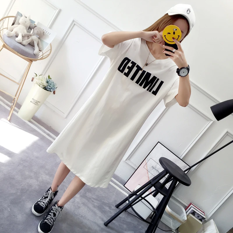 Женская длинная футболка платье 2019 весна лето мода свободная повседневная