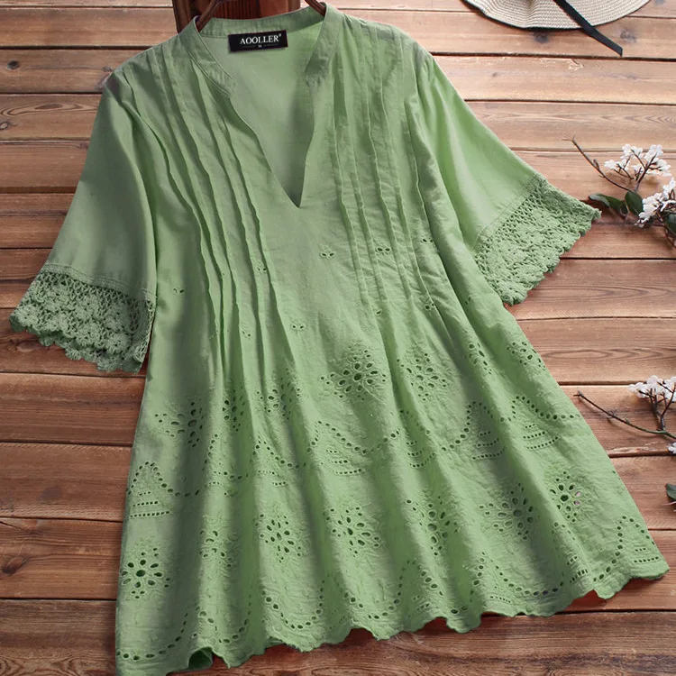 Блузка женская однотонная с V образным вырезом из хлопка и льна| |