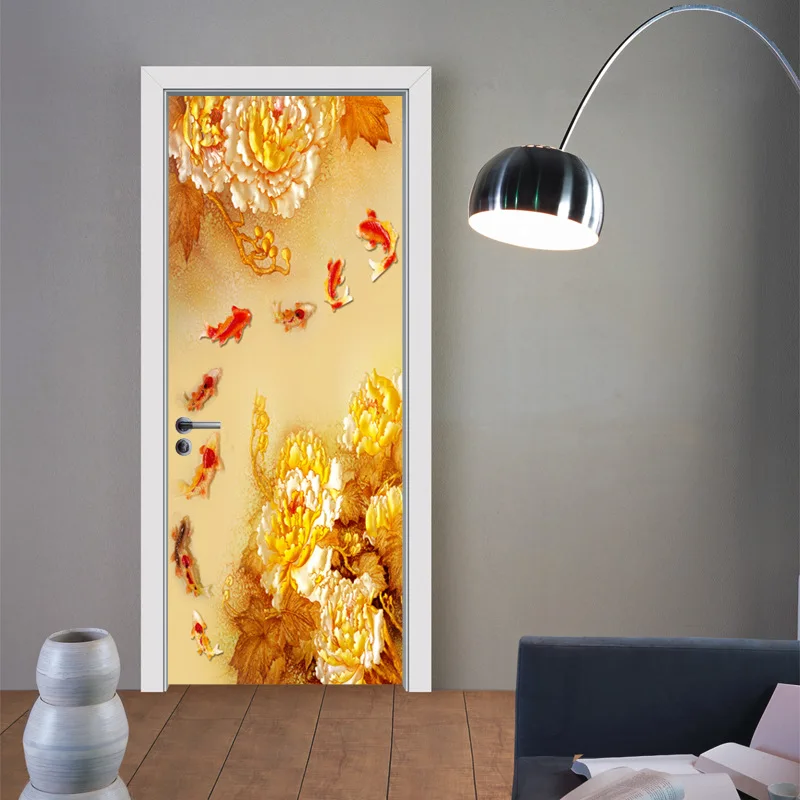Creative Door Decoration Gold Flower Fish Stickers Waterproof Renovation Bedroom Personality Decals Home Art Mural | Обустройство