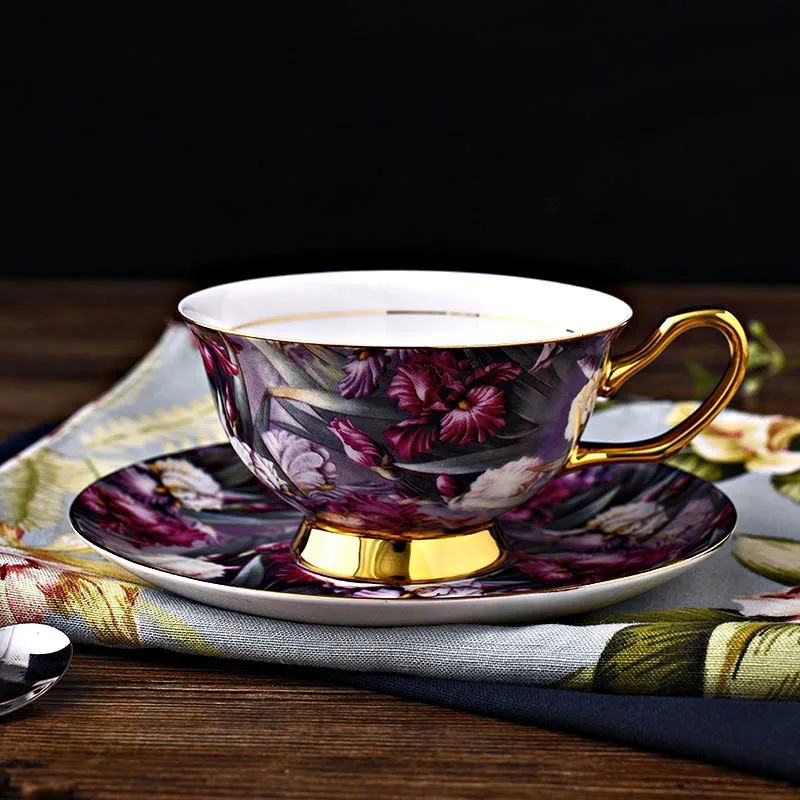 Креативный розовый цветок костяной фарфор кофейная чашка и блюдце с золотой