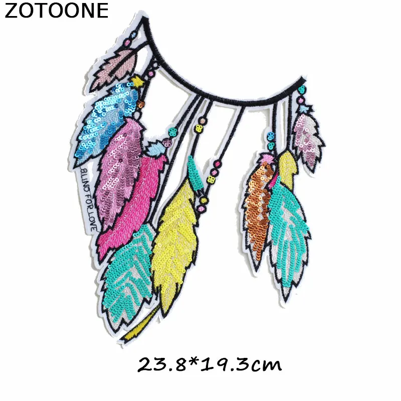 Большая вышитая нашивка ZOTOONE с блестками и цветными листьями перьями аппликация