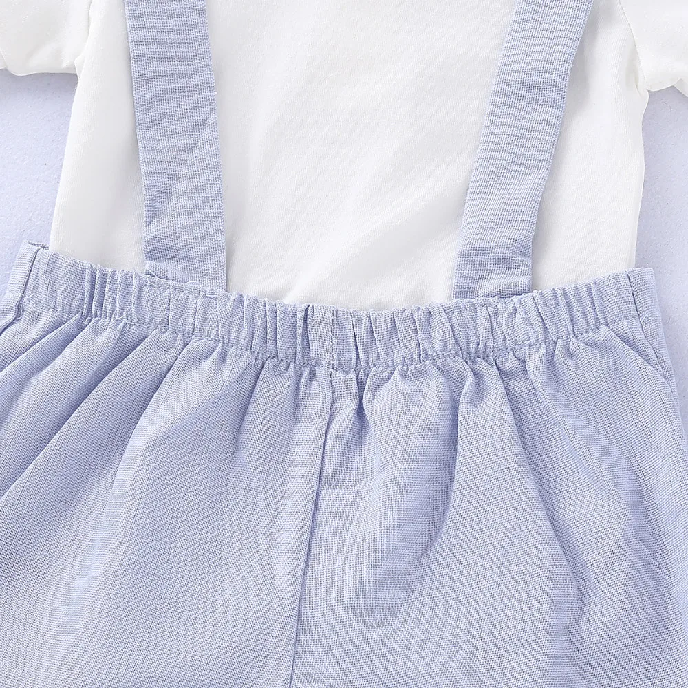 2 PCS Baby Boys solid Romper Outfits + Suspender Boxer Pants Set Gentlemen Wedding Formal Clothes Smash Blue 0-24m |