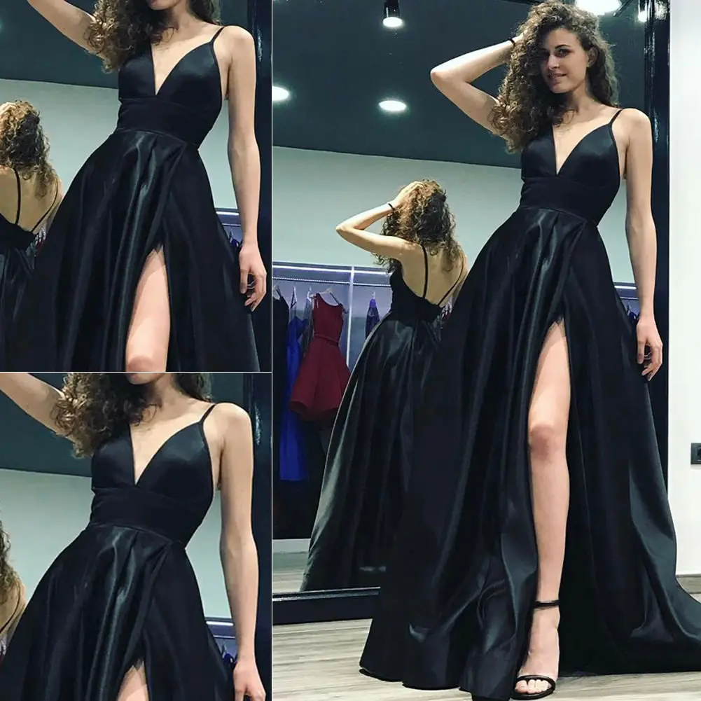 Женское сексуальное черное платье макси с глубоким v образным вырезом вечернее