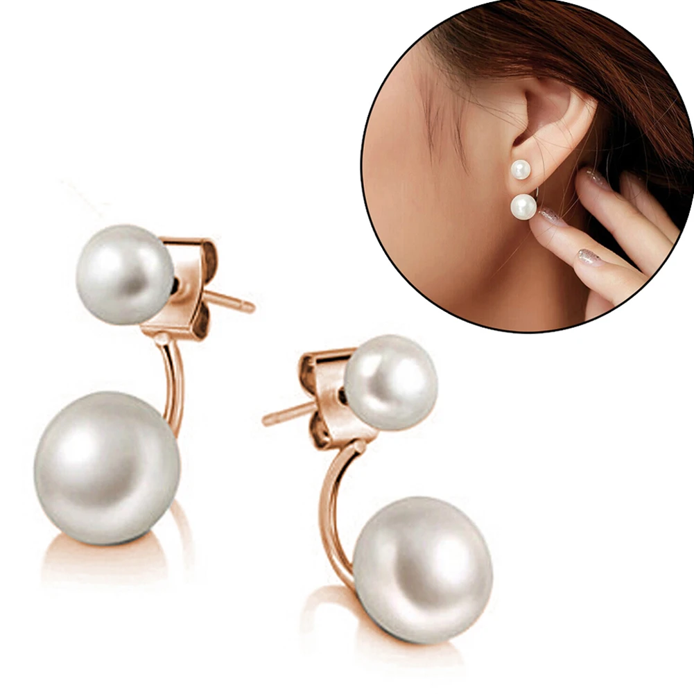 Women's Double Side Simulated Pearl Ball Stud Earrings 2019 Fashion Gold Silver Round Metal Push-Back Jewelry For Women | Украшения и
