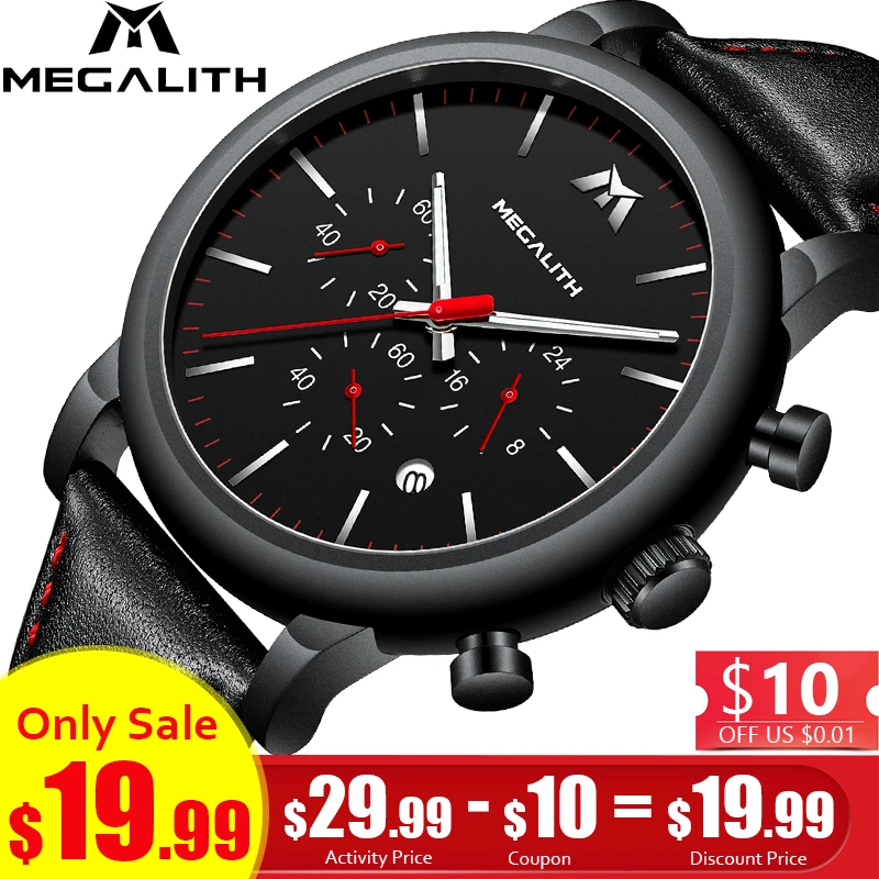 MEGALITH Модные Роскошные мужские часы водонепроницаемые черные кожаные ремешок