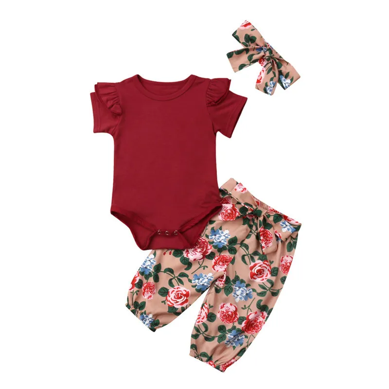 

PUDCOCO/Новинка, комплект из 3 предметов для маленьких девочек, хлопковый боди, штаны повязка на голову, цветочный принт, повседневный летний ко...